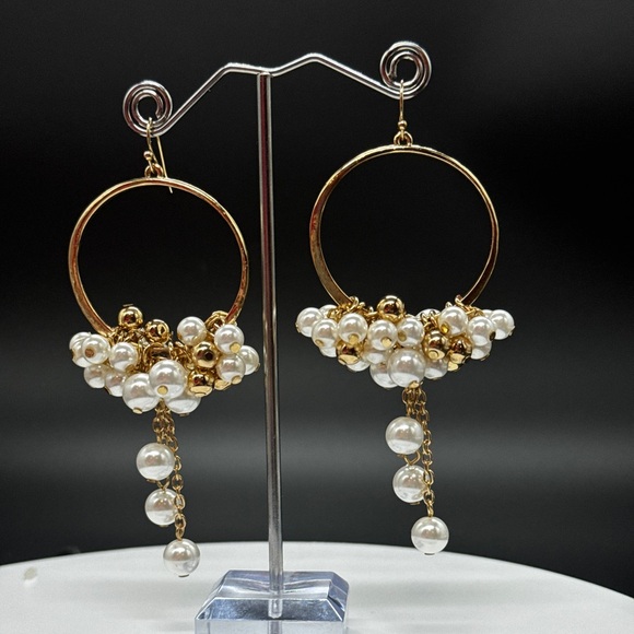 Gold Tone Dangling Hoop With White and Gold Faux Pearl Bead Earrings - Picture 3 of 4